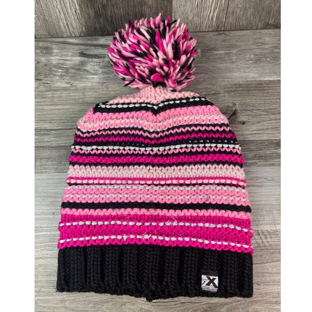 ZeroXposur Pink Black Striped Metallic Sparkle Knit Pom-Pom Beanie Hat One Size